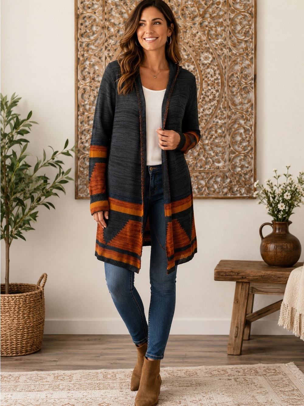 Double Zero Lightweight Steel Blue Aztec Cardigan, Hooded- size M